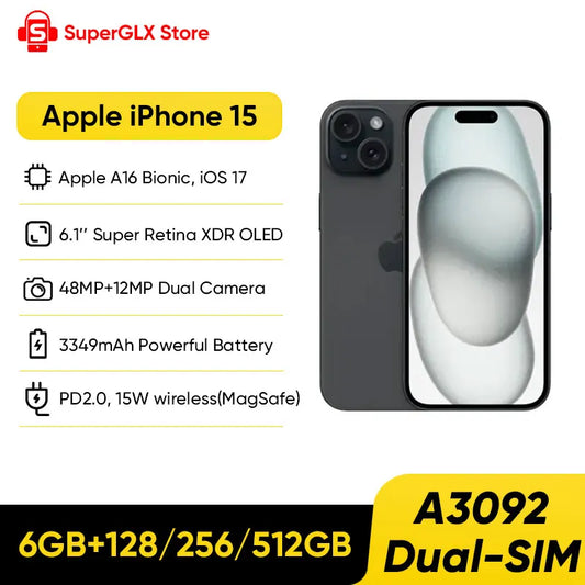 Apple iPhone 15 A3092 - 6.1" Super Retina XDR OLED, iOS 17, Dual SIM, 48MP + 12MP Cameras - 100% Original | tonyfinger store