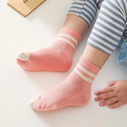 5 Pairs Children Cotton Tabi Socks | Fashion Striped Two Toe Mid-Tube Socks for Kids | Boys & Girls | tonyfinger store