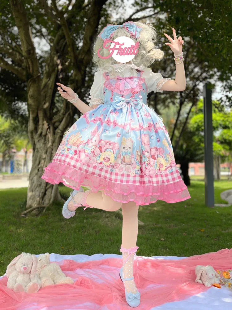 KIMOKOKM Lovely Kawaii Lolita Princess Style JSK Dress Square Collar Bow Rabbit Printing Ruffle Sleeveless Sweet Camisole Dress