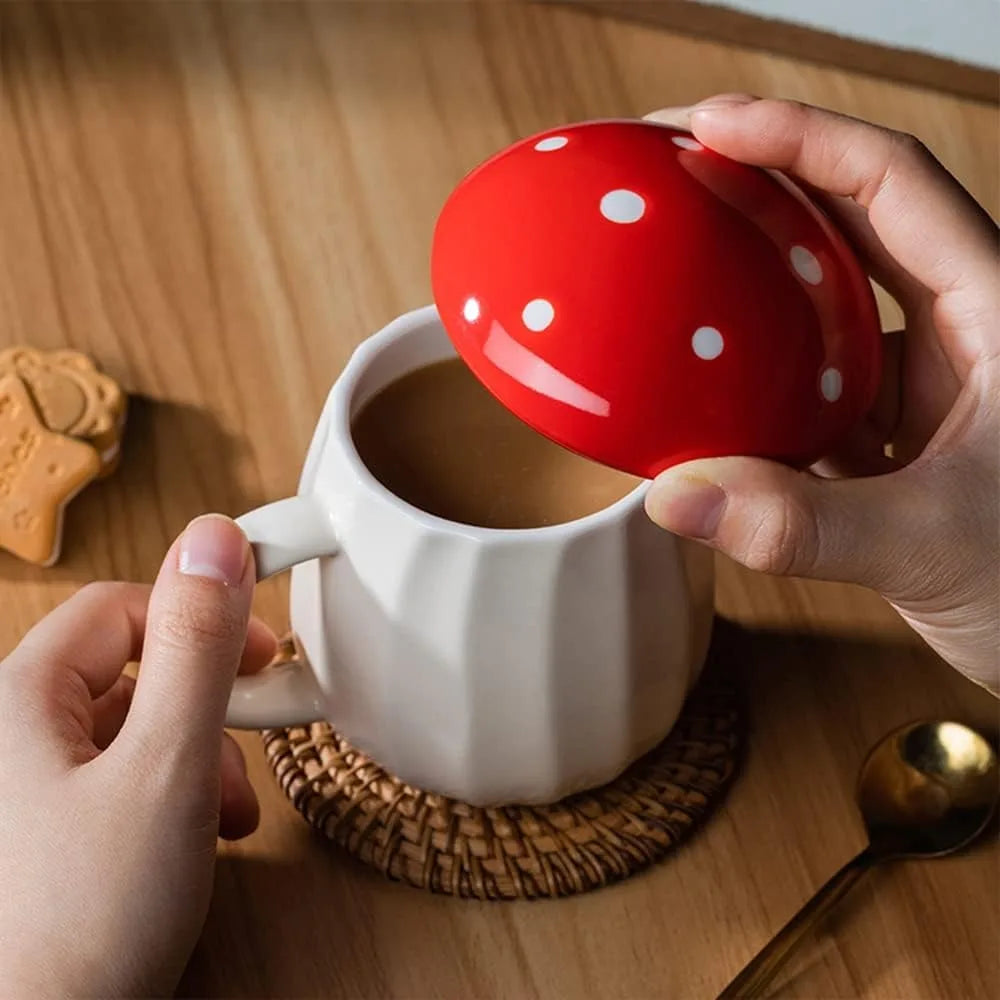 250ml Creative Red Mushroom Mug with Lid | Ceramic Coffee Cup for Household & Office | Cute Drinking Mug | tonyfinger store