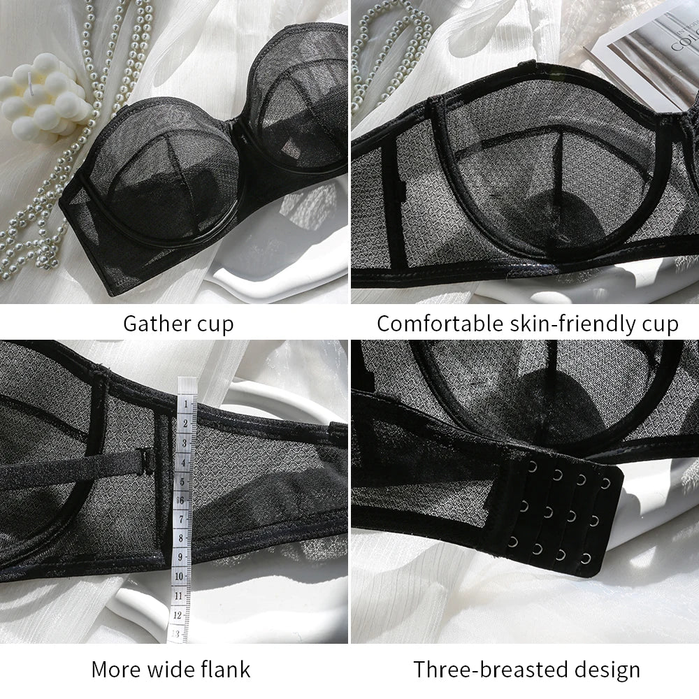 Bra For Women Transparent Ultra Thin Embroidered  Lace Strapless Underwear Invisible Sexy Underwear 2023