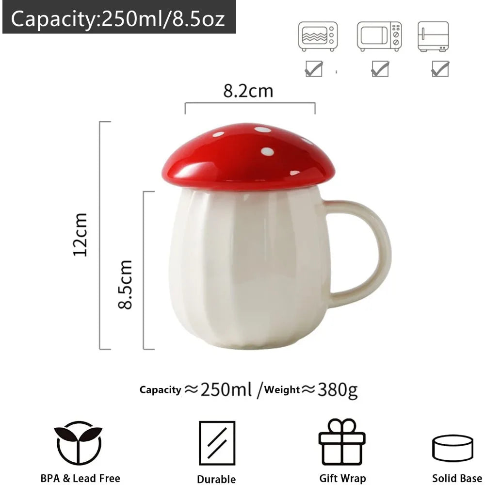 250ml Creative Red Mushroom Mug with Lid | Ceramic Coffee Cup for Household & Office | Cute Drinking Mug | tonyfinger store