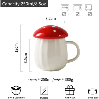 250ml Creative Red Mushroom Mug with Lid | Ceramic Coffee Cup for Household & Office | Cute Drinking Mug | tonyfinger store