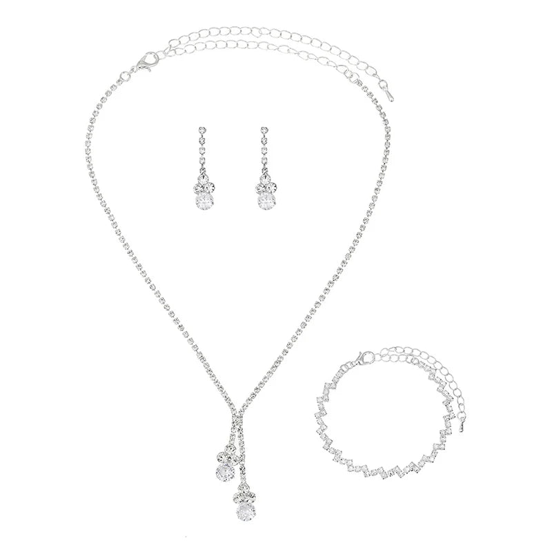 3Pcs Women’s Zircon Jewelry Set - Earrings, Necklace, Bracelet for Weddings