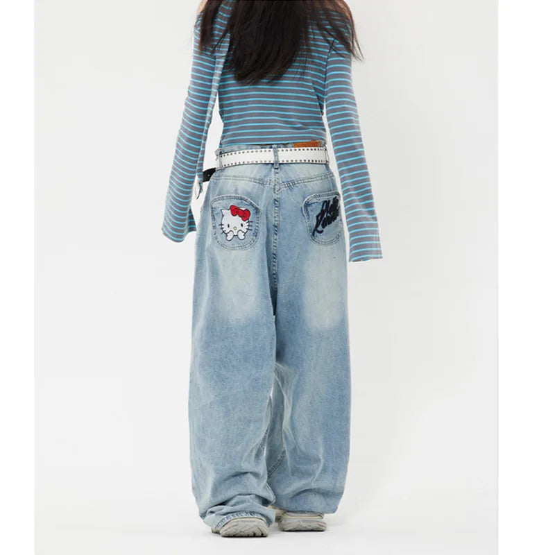 Sanrio Hello Kitty Y2k Baggy Jeans High Waist Wide Leg Pants Women American Street Retro Femme Hello Kitty Stuff Y2k Clothes