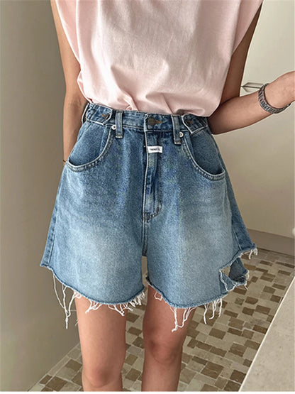 REALEFT High Waist Hole Women's Denim Wide Leg Shorts Tassel 2023 New Spring Summer Casual Jeans Chic A-Line Trourses Female