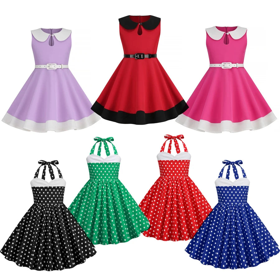 3-10T Girls Vintage Dresses Princess Children's Clothing Doll Collar Polka Dot Print Summer Fashion Baby Dress