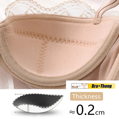 Fashion Satin Lace Bra And Thong Sets For Women Sexy Lingerie Plus Size Underwire Thin Cotton Bras Underwear Mesh Panties Set