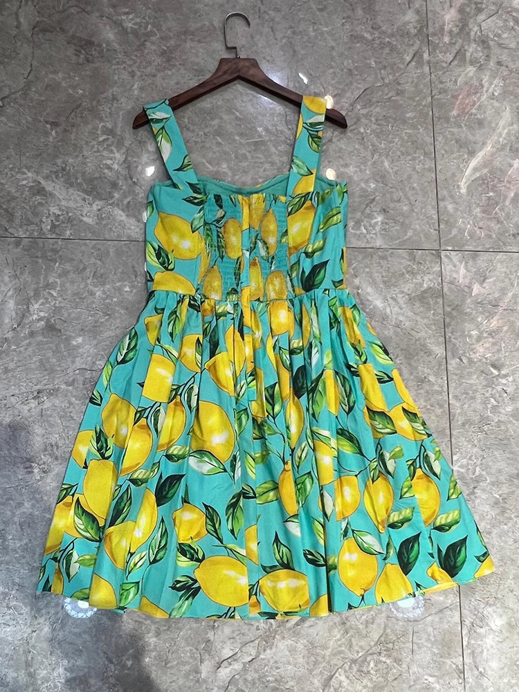 100% Cotton Women’s Summer Dress | Spaghetti Strap Lemon Print Mini Beach Holiday Vestidos | High Street Fashion Princess Style | tonyfinger store