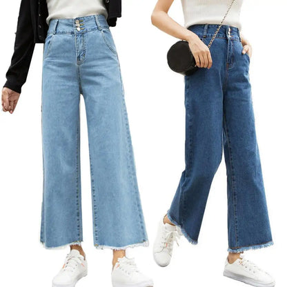 Straight Women Pants High Waist Loose Trousers Wide Leg Casual Denim Jeans Ninth Trousers