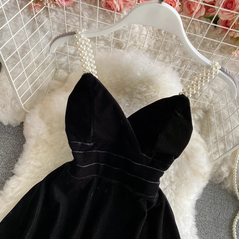 Pearls Spaghetti Strap Black A-Line Dress