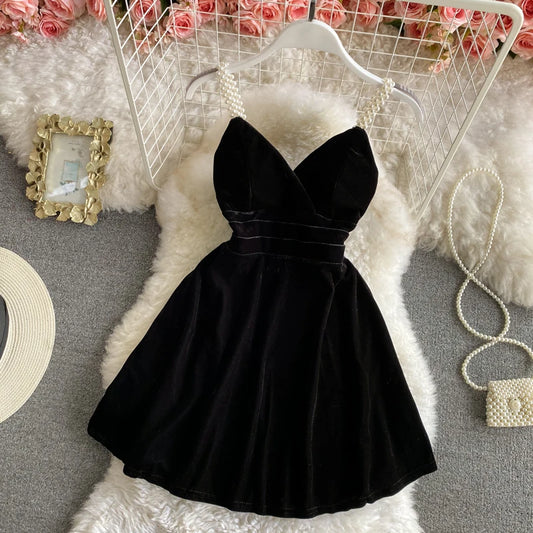 Pearls Spaghetti Strap Black A-Line Dress