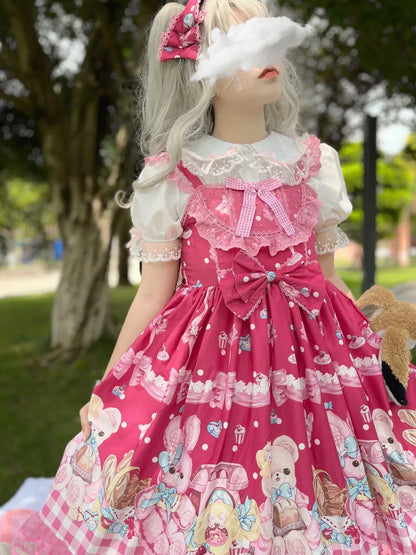 KIMOKOKM Lovely Kawaii Lolita Princess Style JSK Dress Square Collar Bow Rabbit Printing Ruffle Sleeveless Sweet Camisole Dress