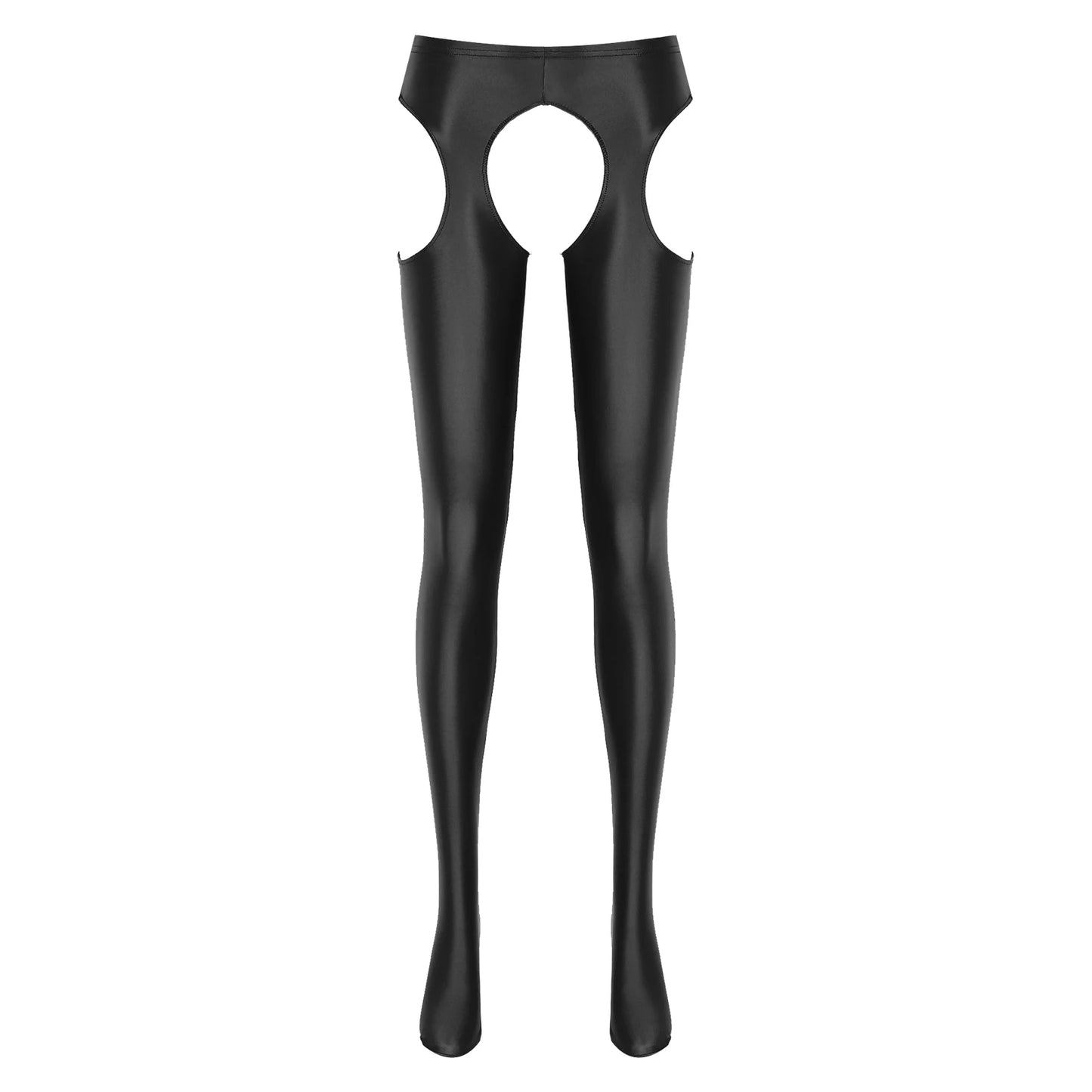 Women Glossy Hollow Out Crotchless Sexy Porn Pantyhose Mid Waist Tights Cutout Open Crotch Leggings Solid Color Footed Stocking