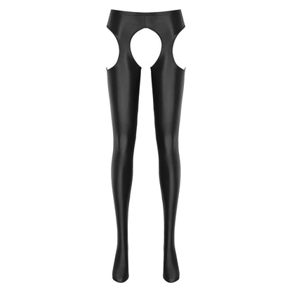 Women Glossy Hollow Out Crotchless Sexy Porn Pantyhose Mid Waist Tights Cutout Open Crotch Leggings Solid Color Footed Stocking