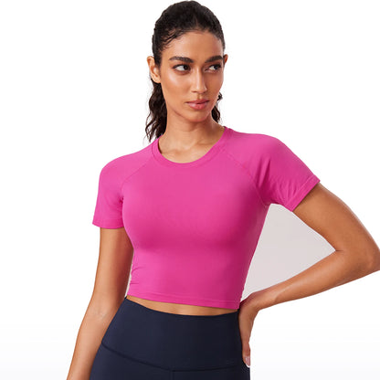 CRZ YOGA Seamless Womens Short Sleeve Crop Tops Breathable Slim Fit Gym Workout Shirts Athletic Running Basic Tee Top