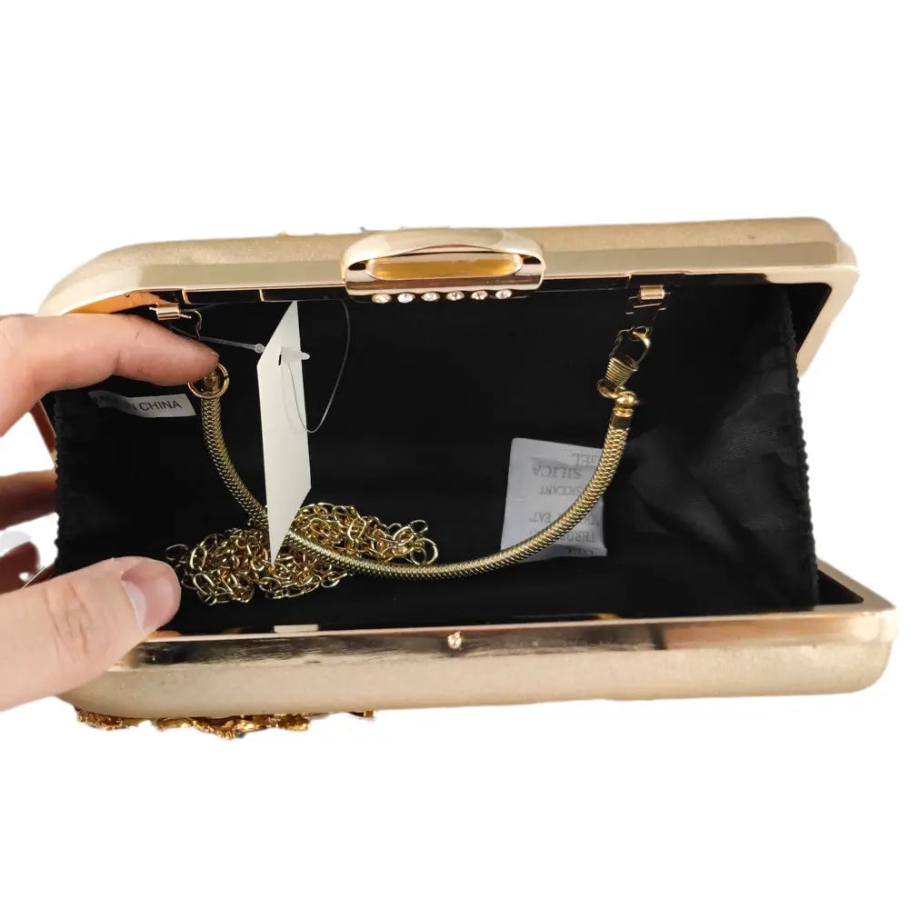 Boutique De FGG Women Gold Crystal Clutch Evening Handbags and Purses Bridal Wedding Satin Clutch Bags with Handle