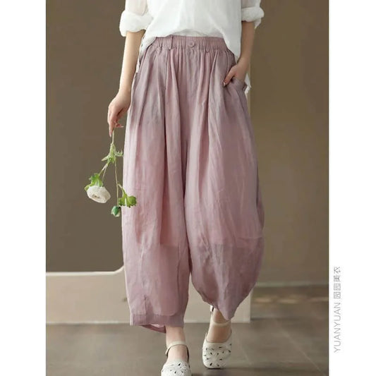 Cotton Linen Pants Solid Elastic Waist Loose Casual Baggy Pants Vintage Korean Fashion Trousers Lantern Pants Women Clothing