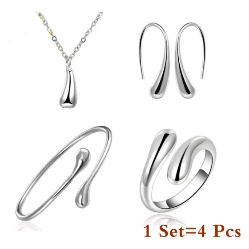 S925 Silver Needle Jewelry Set - Earrings, Ring, Bracelet, Water Drop Design