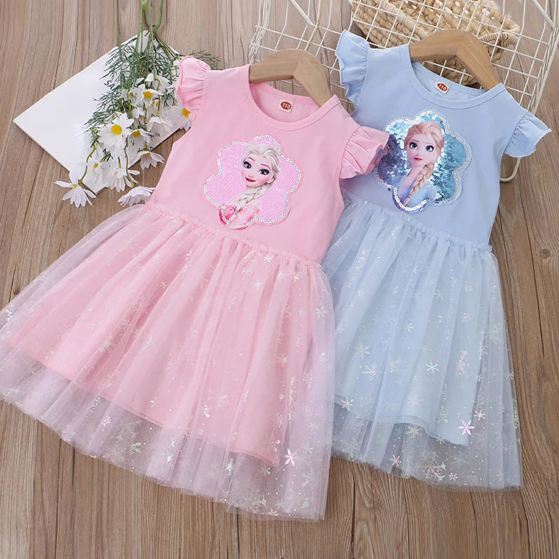 2024 Summer Princess Dresses for Girls | Frozen Elsa Party Dress | Flying Sleeve Kids Clothing