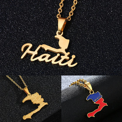 Gold Haiti Map Pendant Necklace - Stainless Steel Jewelry for Men & Women