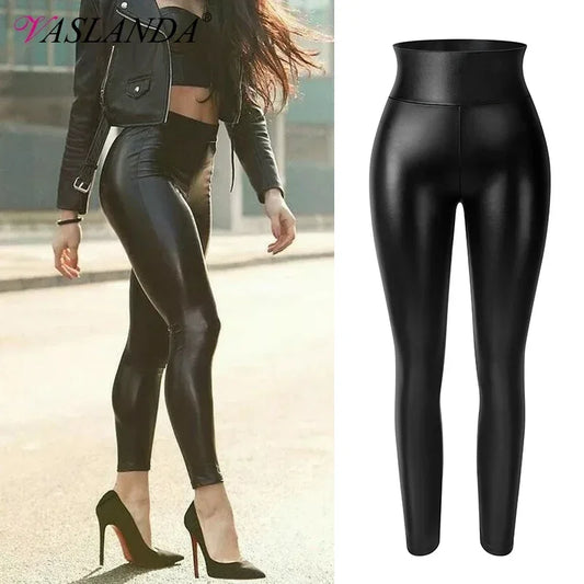 Vaslanda PU Leather Pencil Pants Women Sexy Tight Booty Up Skinny Leggings Faux Trouser High Waisted Tummy Control Slim Jeggings