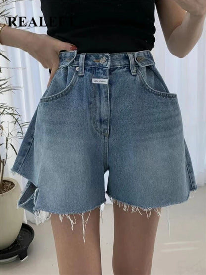 REALEFT High Waist Hole Women's Denim Wide Leg Shorts Tassel 2023 New Spring Summer Casual Jeans Chic A-Line Trourses Female