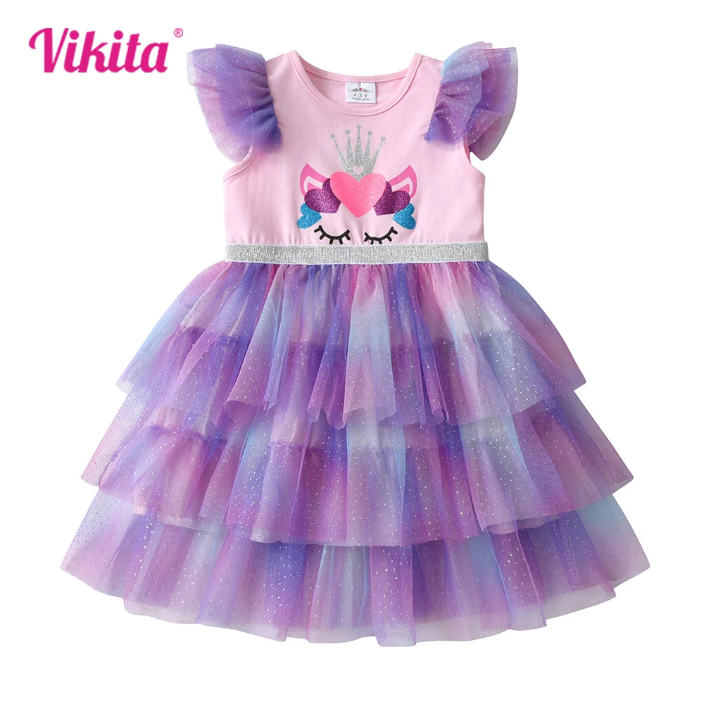 VIKITA Girls Unicorn Print Cartoon Dress Kids Summer Flare Sleeve Dresses Girls Layered Mesh Tulle Cake Tutu Dress Kids Clothes