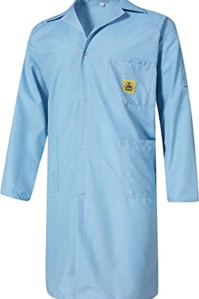 ESD Lab Coat with Lapel Collar, 3 Pockets & Snap Cuffs, Knee Length Anti-Static Jacket