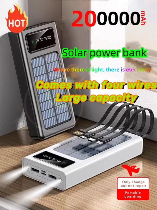 High-Capacity Solar Power Bank with 4 Cables: Samsung, Apple, Huawei Compatible