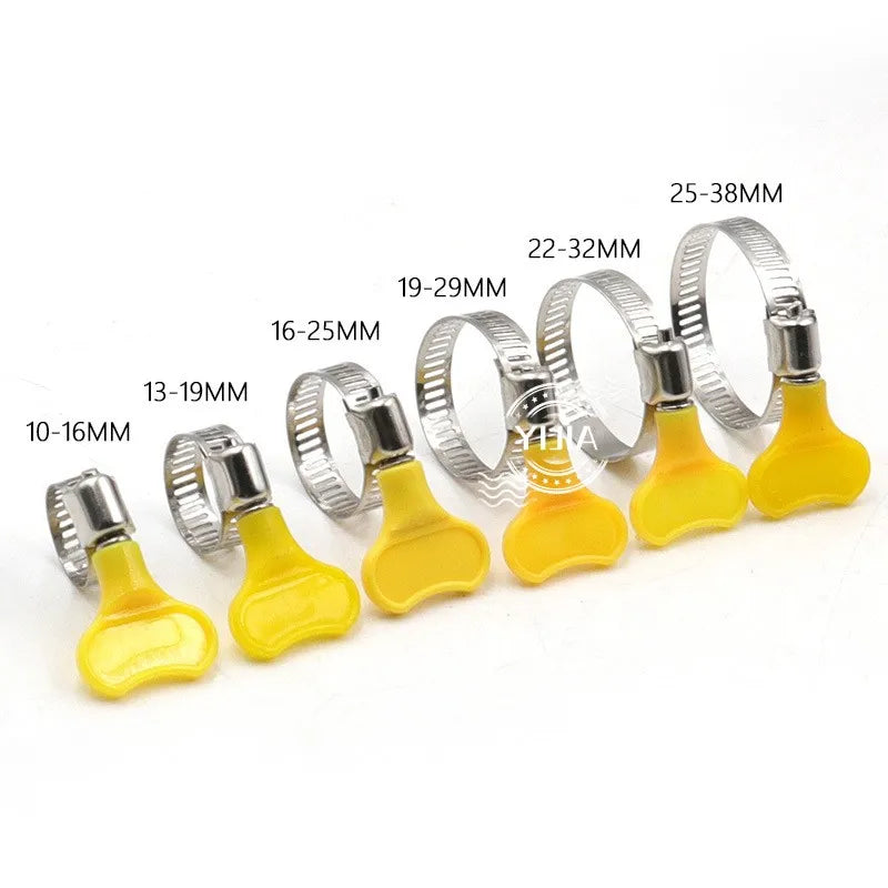 Adjustable Yellow Handle Hose Clamps (8-32mm) - Stainless Steel Butterfly Clips