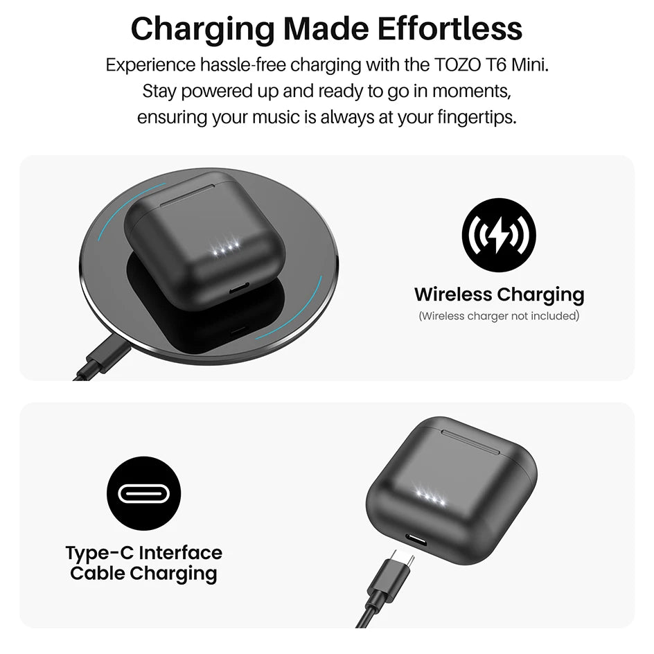 TOZO T6 mini Ergonomic Wireless Earbuds Bluetooth 5.3 TWS Headphones in-Ear Headset IPX8 Waterproof 50Hrs Playtime APP EQ