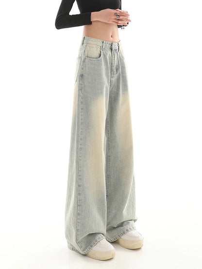 Women's Vintage Blue Jeans Harajuku Streetwear 2000s Aesthetic High Waist Denim Pants 90s Y2k Baggy Wide Leg Cowboy Trouser 2023