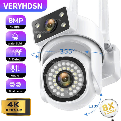 8MP 5G PTZ Dual Lens Camera Wifi IP Security Surveillance Dual Screen Video Full Color Night Vision Outdoor 6MP Cameras 8x Zoom