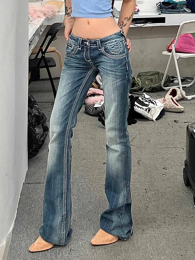 Woman Korean Jeans Chic Denim Streetwear Pants All-match Hot Y2k Office Lady Ins Wash Tie-dyed Low Waist Tight Bodycon Casual