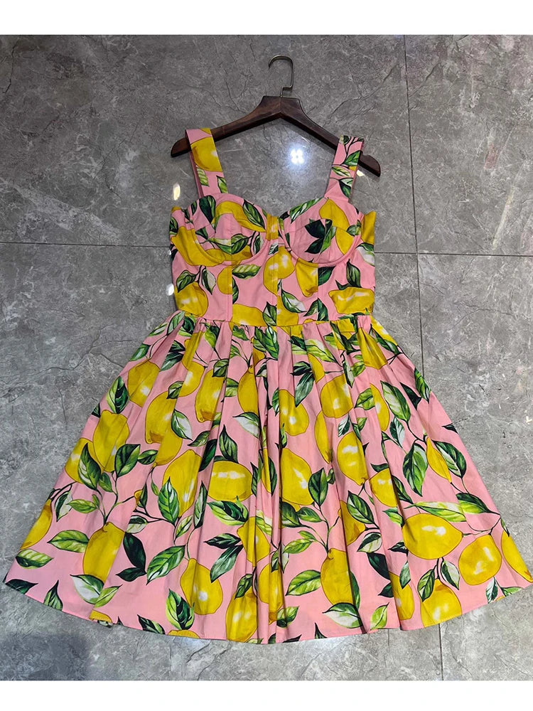 100% Cotton Women’s Summer Dress | Spaghetti Strap Lemon Print Mini Beach Holiday Vestidos | High Street Fashion Princess Style | tonyfinger store