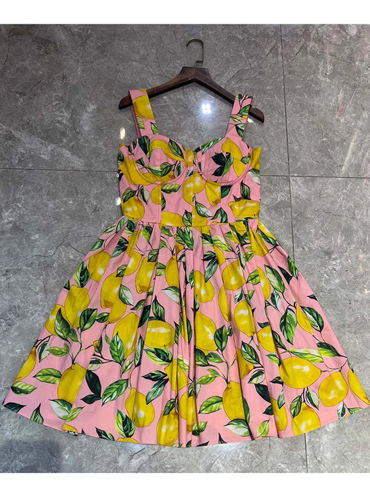 100% Cotton Women’s Summer Dress | Spaghetti Strap Lemon Print Mini Beach Holiday Vestidos | High Street Fashion Princess Style | tonyfinger store