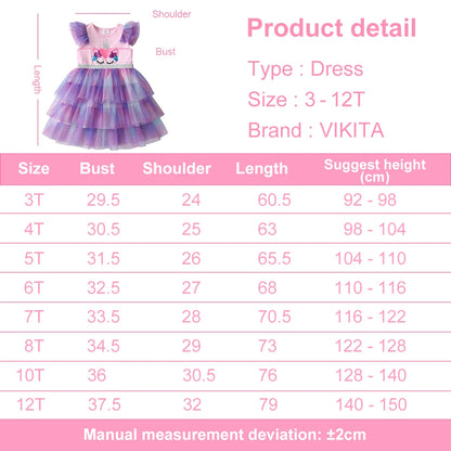 VIKITA Girls Unicorn Print Cartoon Dress Kids Summer Flare Sleeve Dresses Girls Layered Mesh Tulle Cake Tutu Dress Kids Clothes