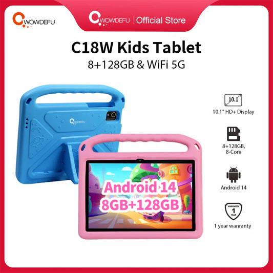 Cwowdefu C18W Kids Tablet 8GB 128GB A523 Octa Core 10.1 HD+ Display 6000mAh WIFI-5G Android 14 Tablets for Children Girls 2024