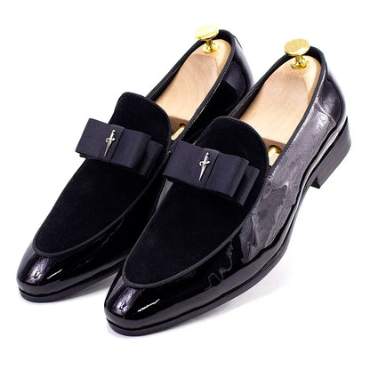 Handmade Men’s Patent Leather Suede Loafers with Bow Tie - Wedding & Banquet Shoes