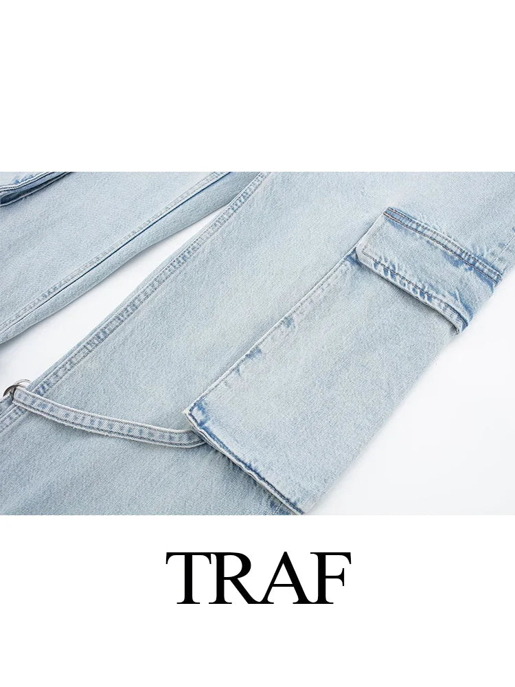 TRAF 2023 New Women Fashion Casual Lace up Wide Leg Baggy Jeans Offiice Lady With Pocket Loose Straight Pants Female Trousers