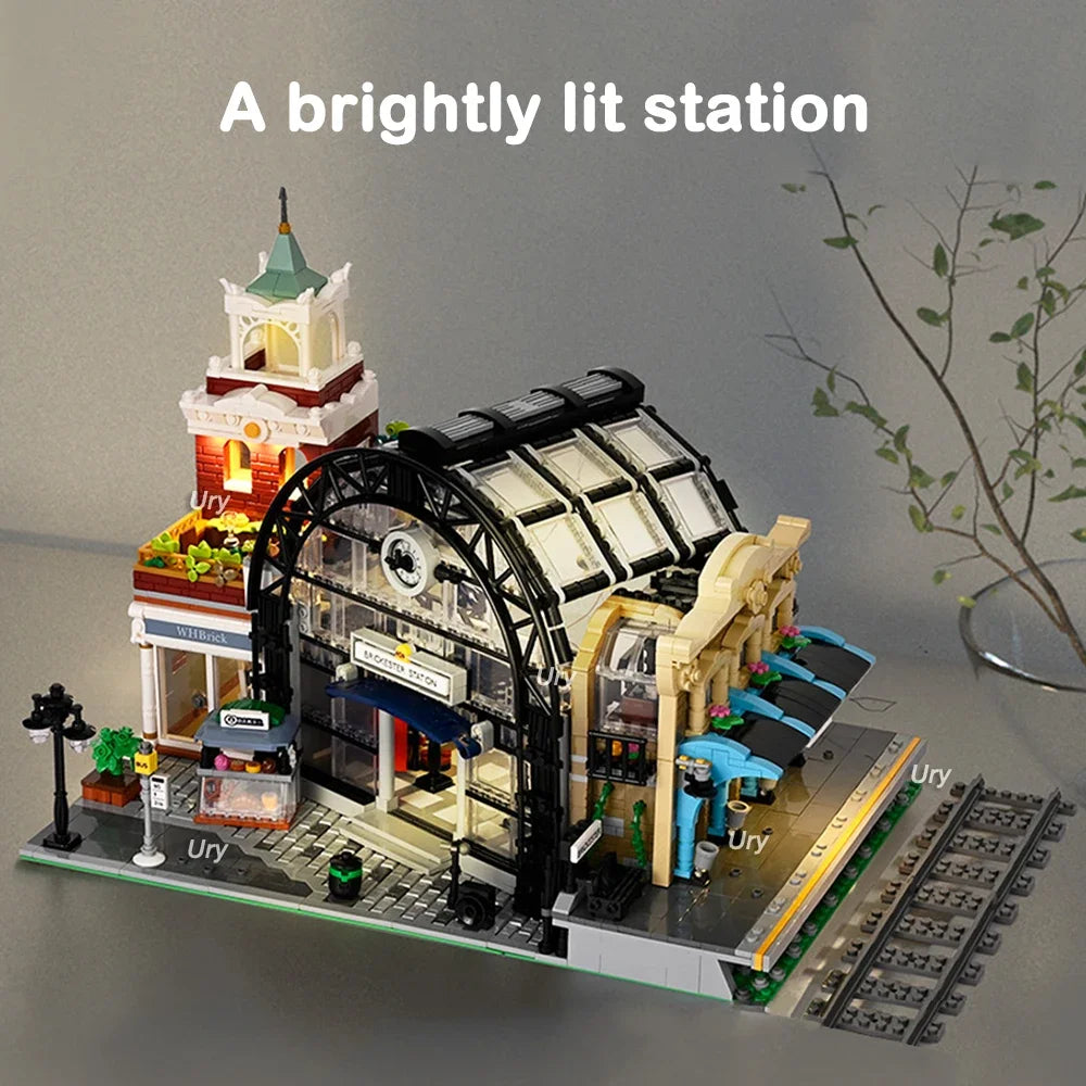 City Street View Train Station Creator Ideas LED House Modular Architecture Model MOC 89154 Buliding Blocks Toys Gifts for Kids