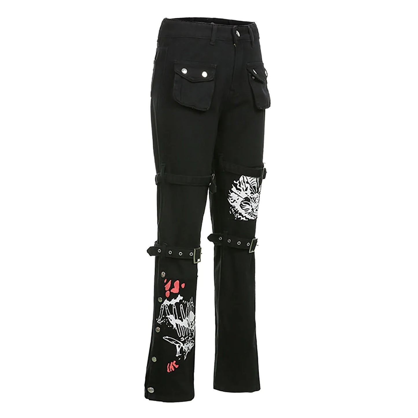 Sexy Streetwear Y2k Flared Jeans Trousers Cool Washed Print Jeans Style Low-Rise Gothic Women'S Loop Pants Wide Leg Pants 청바지