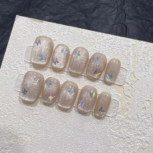 10PCS Handmade Crystal Cat Eye Butterfly Press-On Acrylic Nails | Short Ballet Press-On Tips with Glue | tonyfinger store