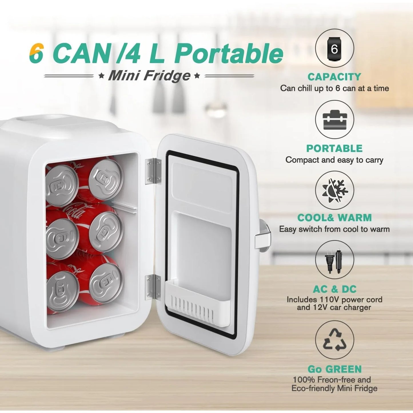 Mini Fridge, 4 L/6 Can Portable Cooler and Warmer Personal Refrigerator,Great for Bedroom, Office(White)