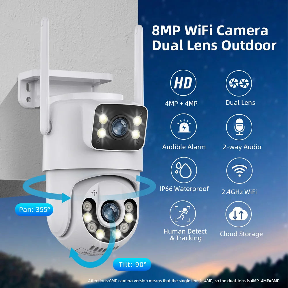 8MP 4K PTZ WiFi Outdoor Camera | Dual Lens, AI Detection, Auto Tracking, iCSee App