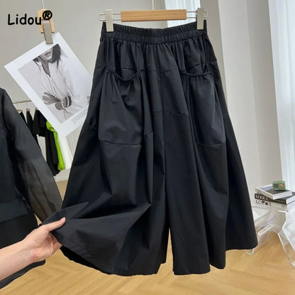 Casual Fashion Elastic High Waist Solid Wide Leg Pants Summer Women's Clothing Loose Simplicity Pockets Spliced Capri Pants