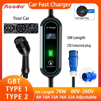 Acodo EV Portable Charger 7KW Type 2 Type 1 GBT 5M Length 4 Currents modes WallBox With Display Booking Time Car Fast Charge