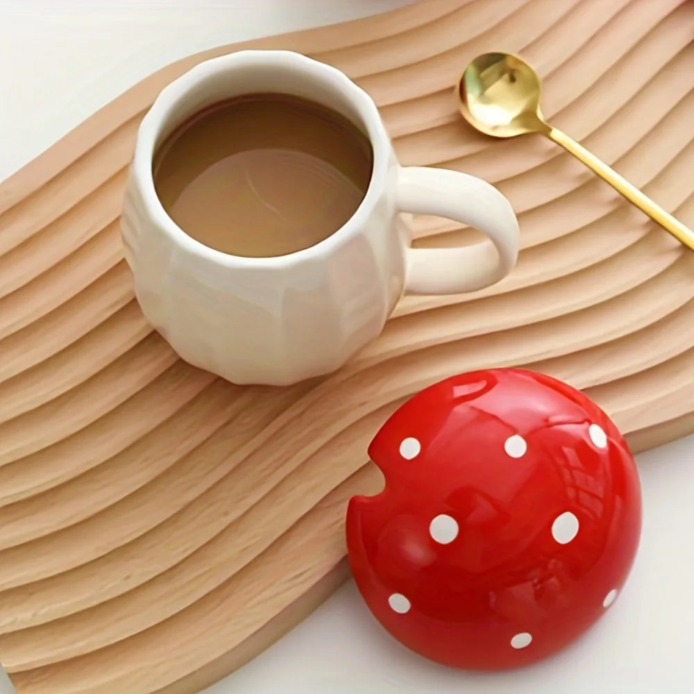 250ml Creative Red Mushroom Mug with Lid | Ceramic Coffee Cup for Household & Office | Cute Drinking Mug | tonyfinger store