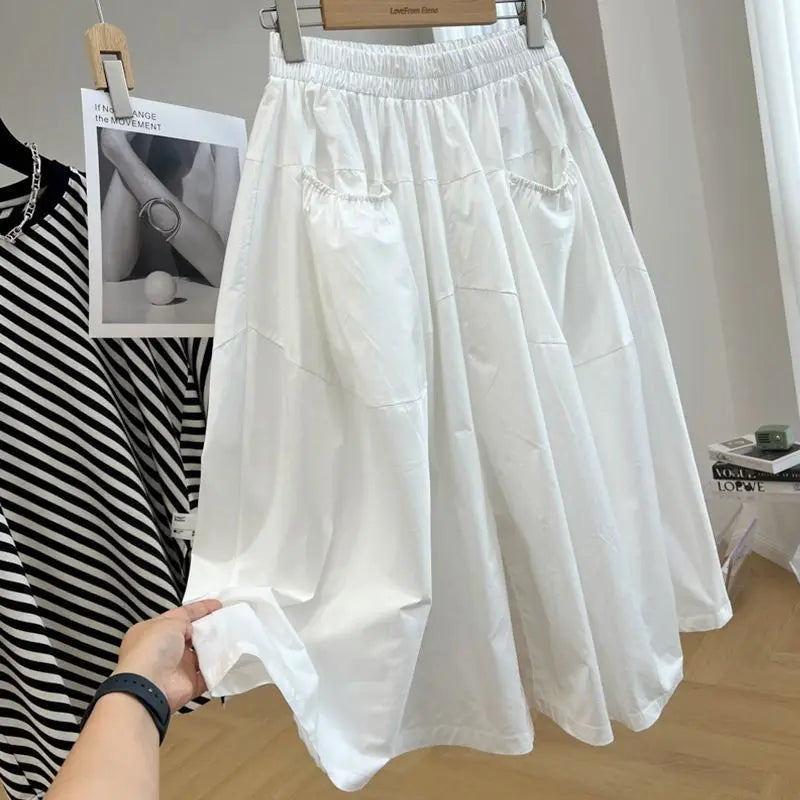 Casual Fashion Elastic High Waist Solid Wide Leg Pants Summer Women's Clothing Loose Simplicity Pockets Spliced Capri Pants